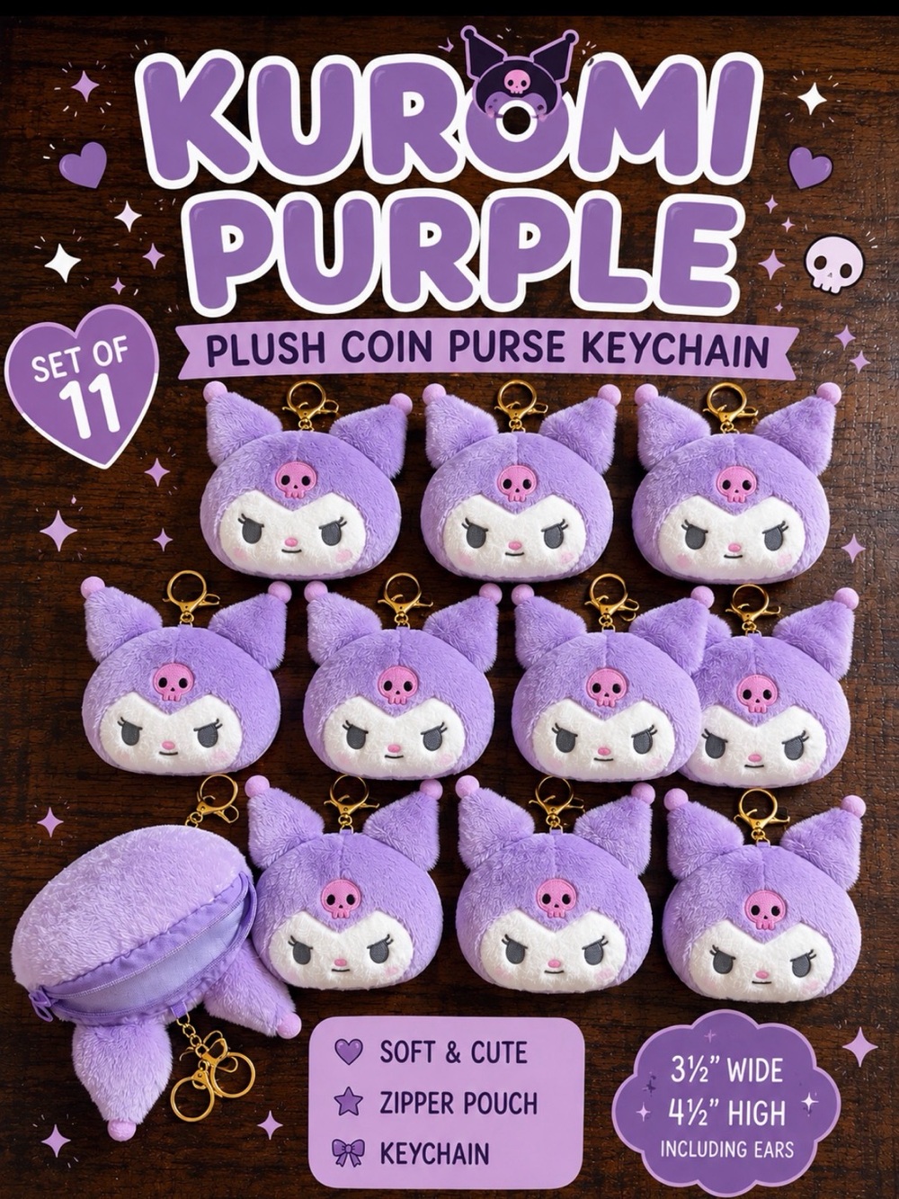 Kuromi Purple Plush Coin Purse Keychain Set of 11 Cute Character Bags
